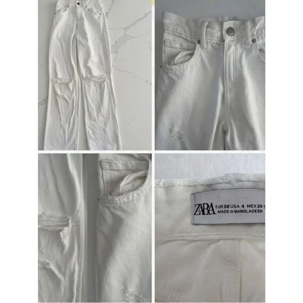 Zara White Distressed High Rise Wide Leg Raw Hem Denim Jeans Size 4 / 26 White